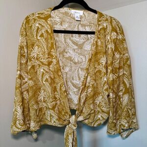 Japna Women's XS Kimono Tie Front Top Blouse Yellow White Floral Print Boho